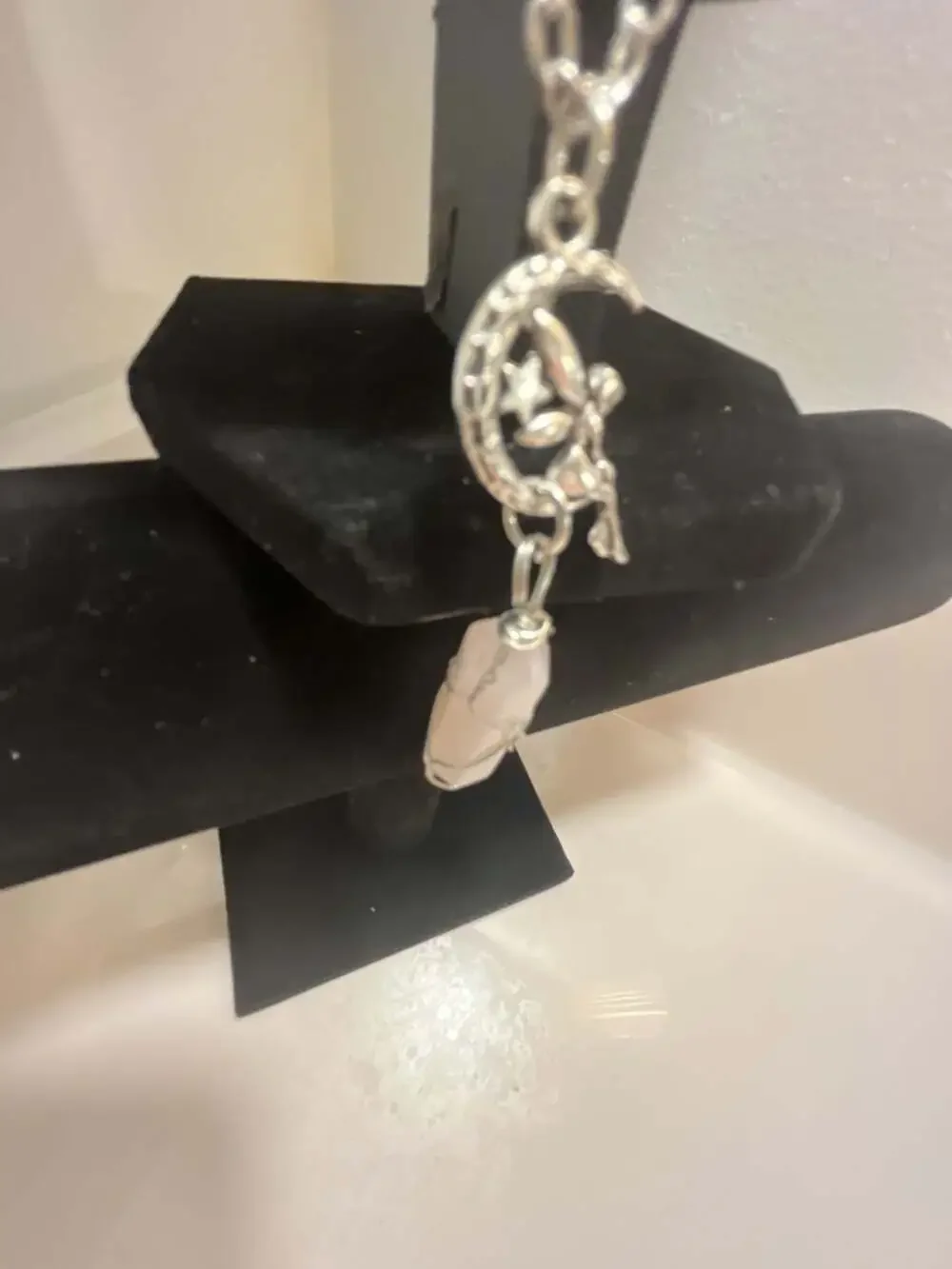 Wire Wrapped Rose Quartz Crystal and Crescent Moon Pendant Necklace